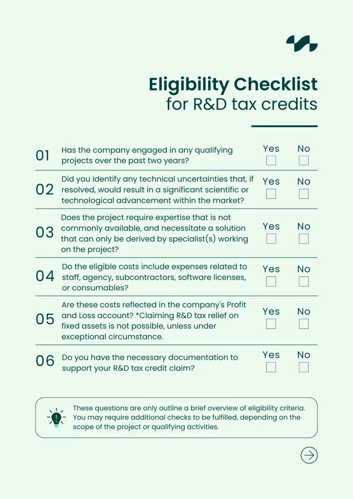 An image of eligibility checklist for r&d tax credits