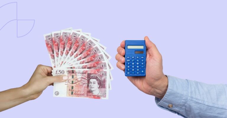 A woman hand holding multiple £50 pound notes and a mans hand holding a calculator