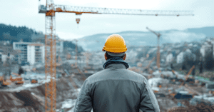 Person wearing a hardhat on a construction building site looking at a crane