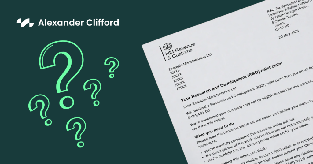 Illustration of an HMRC Research and Development (R&D) tax relief enquiry letter alongside question marks, representing an R&D tax relief enquiry.