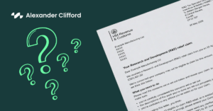 Illustration of an HMRC Research and Development (R&D) tax relief enquiry letter alongside question marks, representing an R&D tax relief enquiry.