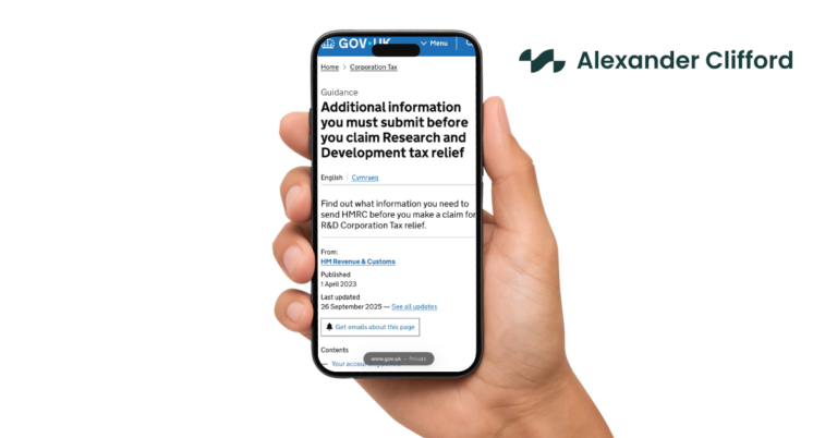 Hand holding a smartphone displaying HMRC guidance on the Additional Information Form for R&D tax relief, with the Alexander Clifford logo.
