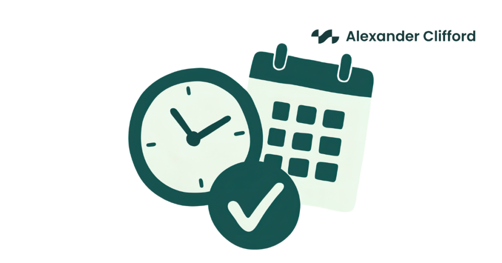 Illustration of a clock, calendar and tick symbol, representing deadlines and scheduled dates.