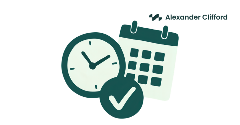 Illustration of a clock, calendar and tick symbol, representing deadlines and scheduled dates.