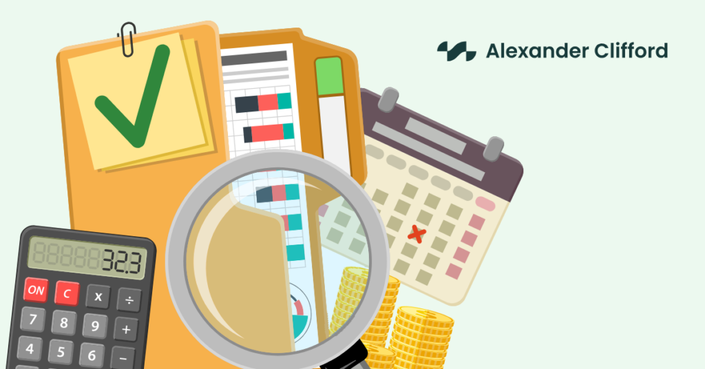 Illustration of R&D tax relief claim review, showing financial documents, calculators, a magnifying glass and coins.