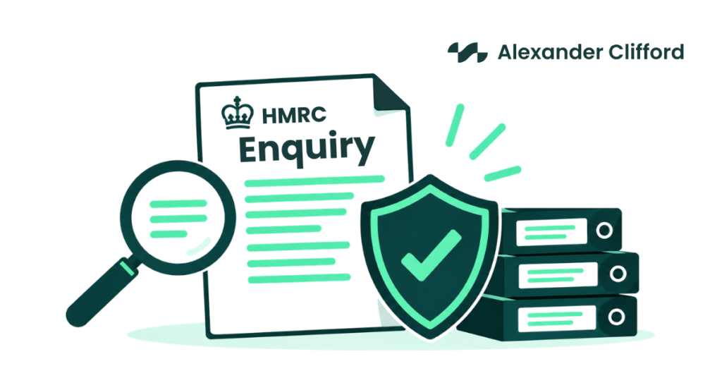 Illustration of an HMRC enquiry document with a magnifying glass, protective shield and supporting records, representing R&D tax relief compliance.