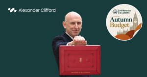 Autumn Budget 2026 R&D tax relief updates, featuring the Chancellor holding the red Budget box, HMRC branding and the Alexander Clifford logo.